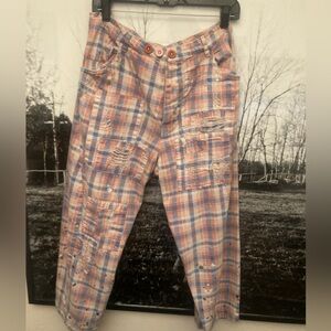 100 Indian Cotton Patchwork slouchy jeans pants paint splatter pink plaid drop